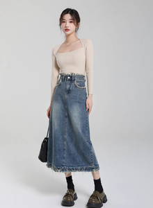 Jupe longue en jean pour filles, longueur genou, avec fente, coupe ample, décontractée, printemps, style modeste et mature - Product Image 2