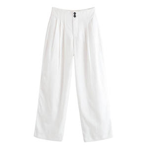 <b>Men's</b> Lightweight 100% Cotton High Waist Pleated Straight Leg <b>Trousers</b> Solid <b>White</b> Loose Fit Double Button Summer - Product Image 1