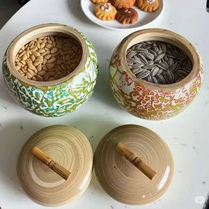 Eco <b>Bamboo</b> Jar with Handmade Mother of Pearl Inlaid Lid Decorative Kitchen Storage <b>Container</b> for Tea Coffee and Herbs - Product Image 4