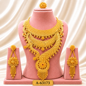 Conjunto de collar de flores chapado en oro de lujo con pendientes para mujer, joyería llamativa para boda A-63173 - Product Image 1