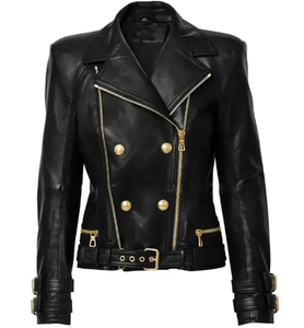 Blouson moto en cuir véritable pour femme, double boutonnage, fermeture éclair, col ouvert, manches longues, style automne - Product Image 1