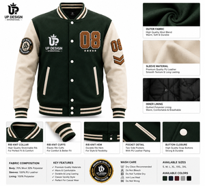 เสื้อแจ็คเก็ตเบสบอลแบบ Varsity Letterman สำหรับผู้ชาย ทำจากผ้าขนสัตว์ แต่งแขนเสื้อแบบตัดกัน ปักลายหนัง PU บุด้วยโพลีเอสเตอร์ รับผลิตแบบ OEM ODM - Product Image 5