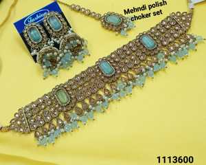 Antique Gold Mehndi Polish Jewelry <b>Set</b> 3 Pcs SeaGreen <b>Beads</b> Choker Necklace With Jhumka Maang Tikka Indian Wedding Jewelry Women - Product Image 2