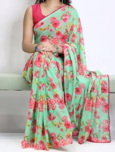 Sari de Gasa Chiffon con Estampado Floral Digital Personalizado, Ribete de Encaje Festoneado, Elegante Vestido Casual de Verano para Fiesta o Playa para Mujer, Envío Rápido - Product Image 4