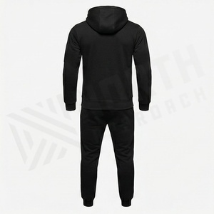 Ensemble de survêtement noir à capuche pour homme, sweat-shirt zippé et pantalon de jogging, tenue de sport décontractée, couleur unie, respirant, en polyester, pour l'automne - Product Image 2