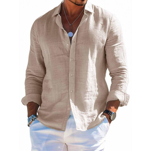 Chemise décontractée pour homme OEM, automne, tricotée unie en polyester/rayonne, mode polyvalente, plage, manches longues, col à revers, bouton unique, coupe ajustée - Product Image 4