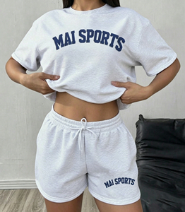 Women's Purple Discharge Printed Logo Crew Neck Short Sleeve <b>Knitted</b> 100% Cotton Breathable Loose Fit Crop Top Shorts <b>Set</b> Y2K - Product Image 5