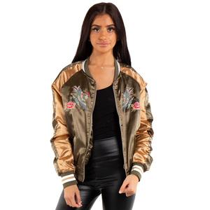 Women's Satin Bomber <b>Jacket</b> With Embroidered Phoenix And Floral Design Full Sleeve Zipper Closure Autumn Style - Product Image 1