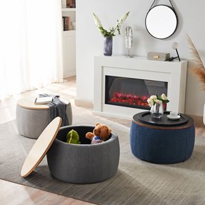 2 in 1 Navy Round <b>Storage</b> Ottoman Dual Function <b>Stool</b> and End Table - Product Image 2