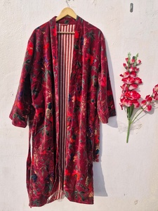 OFMD Pink Bird Velvet Banyan Fabric Kimono Cotton Velvet <b>Robe</b> Long, Original OFMD break up <b>robe</b> Printed Kimono With Tassels - Product Image 2