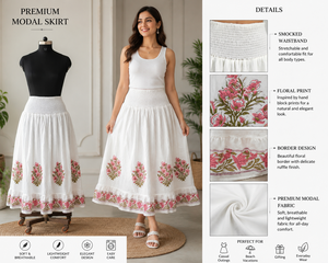 Jupe longue en coton smockée à taille élastique, à volants, style bohème décontracté, imprimé géométrique indigo bleu marine, en tissu, vente en gros - Product Image 4