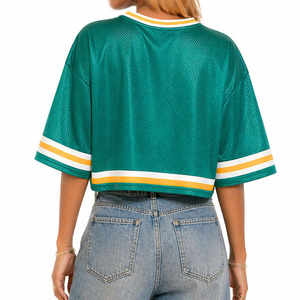 Maillot de football court en maille turquoise pour femme, avec bordure dorée et blanche, épaule à motif étoile, col en V, manches courtes, numéro et logo personnalisables, style streetwear, OEM - Product Image 3