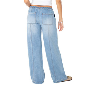 Top Quality Loose Fit Women's <b>Jeans</b> Pants Streetwear Baggy Style Straight Leg Breathable Ladies Denim Pant With Drawstring Waste - Product Image 2