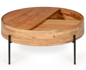 Table basse moderne avec plateau coulissant facilement, en bois d'acacia massif de forme ronde et pieds en métal - Product Image 1