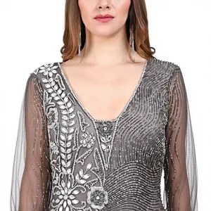 Robe de soirée de luxe en argent ardoise, richement ornée de perles de verre, robe longue avec manches longues en forme de cloche pour bal de promo, soirée formelle - Product Image 5