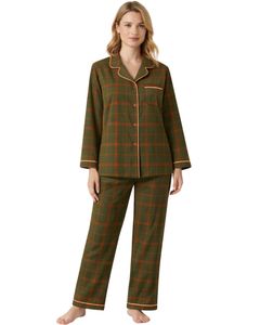 Conjunto de Pijama a Cuadros Verde Oliva Personalizado para Mujer, Ropa de Dormir de Manga Larga con Botones, Ropa de Dormir de Algodón Suave, Conjunto de Dos Piezas para Descansar - Product Image 1