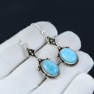 Boucles d'oreilles Larimar en argent sterling 925, faites à la main, ovales, pierres précieuses Larimar bleues, boucles d'oreilles pendantes, bijoux vintage bohèmes, cadeau pour femmes - Product Image 1