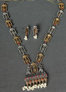 Conjunto de Collar y Pendientes de Latón Bicolor con Plata Oxidada, Motivo de Diosa, Estilo Bohemio, Piedra Roja, Regalo Tradicional - Product Image 2