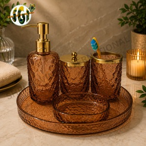 Luxury Amber Glass Five-piece <b>Bathroom</b> <b>Accessories</b> <b>Set</b> Gold Finish Soap Dispenser Toothbrush Holder Storage Jar Decorative Tray - Product Image 1