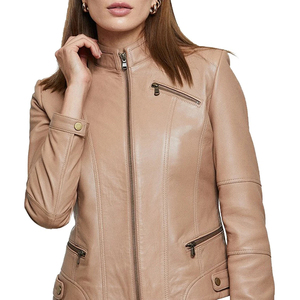 Veste moto en cuir véritable pour femme, col montant, fermeture éclair, manches longues, couleur unie, vêtement d'extérieur pour l'automne - Product Image 4
