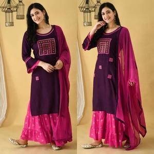 DESIGNER RAYON EMBROIDERY WITH <b>PAPER</b> <b>MIRROR</b> WORK TOP SHARARA WITH DUPATTA PINK - Product Image 1