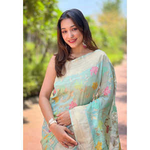 Sari de organza tejido con diseño floral Meenakari azul cielo y bordado Zari de Elite Weaves, ideal para la noche. - Product Image 2