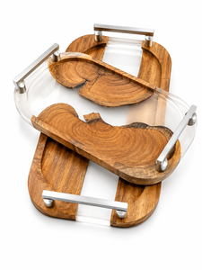 Plateau de service en résine et bois personnalisé, plat décoratif fait main avec poignée en verre irrégulière, idéal pour la maison ou comme cadeau - Product Image 5