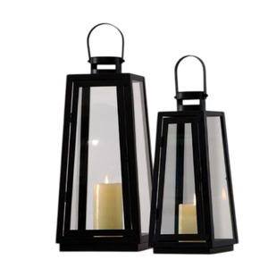 Modern Black Metal Hanging <b>Lantern</b> <b>Set</b> Of 2 Decorative Indoor Outdoor Iron Glass Candle Holder For Home Decor Wedding And Events - Product Image 1