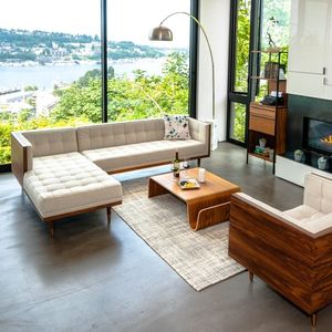 Midcentury Modern L Shape Sectional <b>Sofa</b> Set With Tufted <b>Fabric</b> Upholstery Solid Wood Frame For Living Room - Product Image 1
