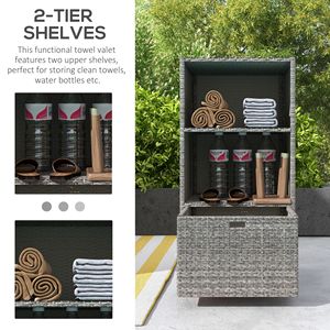 Portasciugamani da piscina a 2 ripiani in vimini di rattan PE grigio misto con contenitore, autoportante, accessorio da bagno in alluminio per spa esterna - Product Image 4