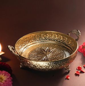 Corbeille à fruits en laiton sculpté style Mughal avec poignée, plateau de service décoratif doré, décoration d'intérieur, cadeau de festival - Product Image 5