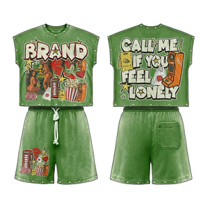 Ensemble haut et short sans manches en coton premium 260 GSM, noir délavé vintage, avec impression graphique en relief et logo personnalisé. - Product Image 5