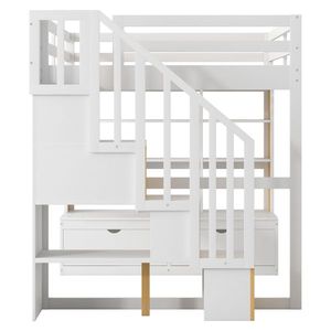 Lit mezzanine moderne pleine grandeur avec bureau, étagères, rangement et escalier, taille Queen, blanc et bois naturel - Product Image 1