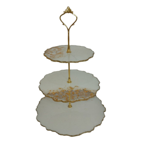 Handmade 3 Tier White Resin <b>Cake</b> Stand With Luxury Gold Flakes Modern Scalloped Edge Dessert Display For Wedding Party Decor - Product Image 1