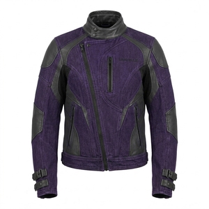 Blouson de moto en jean violet pour homme, style vintage avec empiècements en cuir, col montant, fermeture éclair asymétrique, veste de motard - Product Image 1