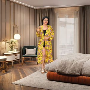 ชุดคลุมคอวีผ้าฝ้ายพิมพ์ลายบล็อก สวมใส่สบาย สวยสง่า เหมาะสำหรับฤดูใบไม้ร่วง ฤดูหนาว ฤดูใบไม้ผลิ ชุดคลุมชายหาดลายดอกไม้ ชุดคลุมคิโมโนสำหรับคุณแม่ตั้งครรภ์ สวมใส่ได้ทุกฤดู - Product Image 2