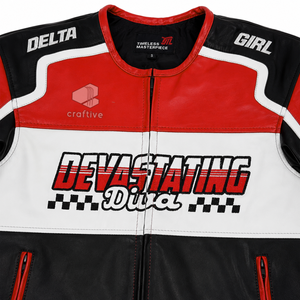 Delta |   Sigma |   Blouson de course pour femme Theta en cuir véritable, fermeture éclair sur le devant, brodé, style motard, vêtement d'extérieur pour le sport automobile - Product Image 2