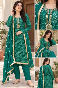 Ensemble de Kurti long imprimé pour femmes, style Bandhej, avec de riches broderies à la main |   Kurta en rayonne, pantalon en coton à taille élastique et chiffon imprimé D - Product Image 2