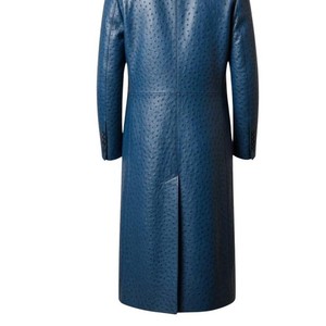 Manteau long élégant bleu en cuir de vachette gaufré effet autruche, col rabattu, artisanat de qualité supérieure, motif tendance, look décontracté, best-seller - Product Image 5