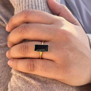 Anillo rectangular de ónix negro, plata de ley 925, chapado en oro de 14 quilates, ajustable, estilo bohemio, joyería para mujer - Product Image 5
