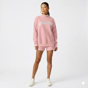 Womens Pink Solid "ADVENTURE" Text Print Mock Neck Oversized <b>Sweatshirt</b> and Shorts Set <b>Long</b> Sleeve Casual Streetwear Activewear - Product Image 1