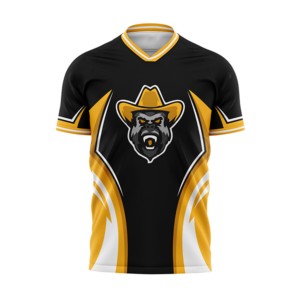 Maillot de football pour homme noir et jaune à col en V, impression sublimée, évacuation de l'humidité, manches courtes, coupe classique, vêtements de sport pour adultes - Product Image 1