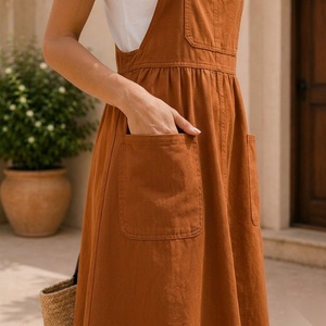 Robe midi tablier marron avec poches plaquées, taille élastique, coupe trapèze, décontractée, pour le printemps - Product Image 2