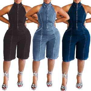 Combinaison en jean pour femme, couleur unie, fermeture éclair sur le devant, coupe ajustée, tenue de club d'été - Product Image 6