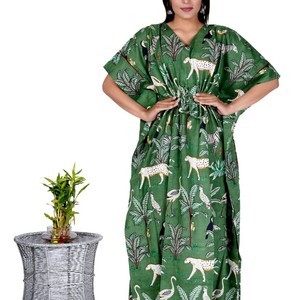 Jungle Print <b>Kimono</b> Robe Women's Cotton Wrap Robe V-neck Full Length Summer Loungewear Bridesmaid robes <b>Beach</b> Wear - Product Image 2