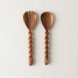 Custom Logo Wholesale Wood <b>Salad</b> Server Set with Spiral Twisted Handles Wooden Serving Spoon and Fork for Home and Restaurant - Product Image 1