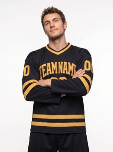Camiseta de Hockey sobre Hielo Negra y Dorada para Hombre, Cuello en V, Manga Larga, Transpirable, de Malla, 100% Poliéster AR Tex, con Impresión del Nombre del Equipo - Product Image 2