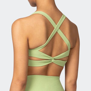 Women's Ribbed Halter Sports Bra Square Neck Medium Support Yoga Wear Breathable Seamless Solid Color Light Green - Product Image 5