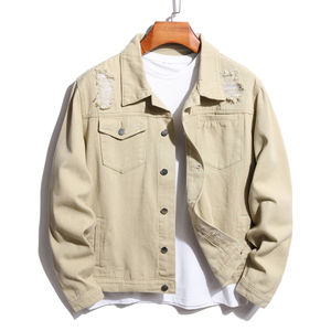Light Wash Ripped Solid <b>Summer</b> 100% Cotton Denim <b>Jacket</b> <b>Men</b> Casual Turn-down Collar Button Front Streetwear - Product Image 5