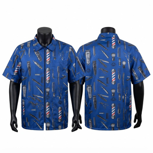 Veste de barbier en polycoton premium 180 GSM, bleue, manches courtes, chemise de coupe de cheveux, impression par sublimation intégrale, design de logo personnalisé - Product Image 1